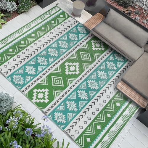 Famibay Outdoor Teppich Wetterfest Outdoorteppich 180x270cm UV-Beständig Plastik Leichtgewicht Faltbar Balkon Teppich Blau Grau FüR Terrasse Garten BBQ Picknick Deck