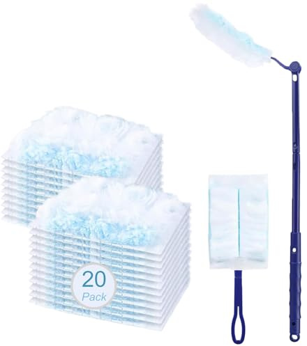 20 Pcs Flash Dust Refills, Disposable Flash Duster Refill, Blue Dust Magnet Refills with 1 Extendable Handle, 1 Short Handle for Household Office Cleaning Dust Dirt Hair