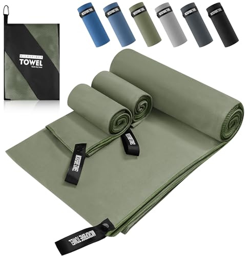 Mikrofaser Handtuch 3er Set, Mikrofaser Handtuch Groß 200x100cm & Mikrofaser Handtücher 2 Klein 80×40cm, Schnelltrocknend und Leicht, Ideal als Sporthandtuch, Strandtuch, Reisehandtuch (Olivgrün)