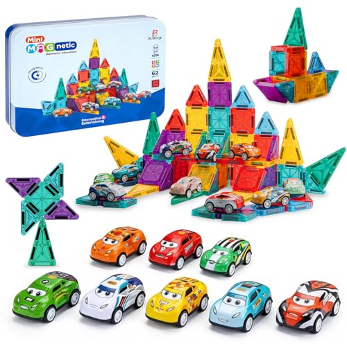 Mini Magnetic Tiles 62 PCS with 8 Metal Cars Travel Magnetic Building Tiles with Storage Box Magnet Toy for Kids STEM Educational Set Construction Toys Boys Girls Toddlers Birthday Gifts 3 4 5 6 7 8