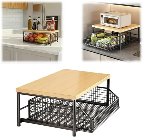 Organizzatore per Piano di Lavoro da Cucina con Cassetto e Cestino | Ripiano a 2 Livelli per Macchina del Caffè, Forno a Microonde, Tostapane e Spezie | Soluzione Salvaspazio per Piano di Lavoro