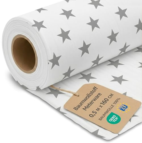 Stoff Meterware Baumwollstoff Waffelpique 0.5 M x 160 cm - Stoffe zum Nähen aus reine Baumwolle Fabric Futterstoff Dekostoff für Patchwork Canvas und Sewing Nähstoff Oeko-Tex Graue Sterne auf Weiß