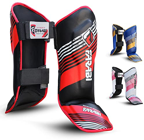 Farabi Sports schienbeinschoner Kickboxen Kinder Shin Instep MMA schienbeinschoner für Boxen, Muay Thai, Kickboxen, Karate, Taekwondo, Kampfkunsttraining (Black/Red)