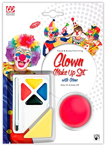 W WIDMANN Milano Party Fashion 4044N - Schminkset Clown, 4 Farben mit 4,5 ml, Pinsel, Nase, Schwämme, Karneval, Mottoparty, Halloween