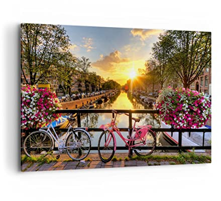 Wandbilder Dekoration Wohnzimmer Bikes Kanal Amsterdam Architektur Bilder auf Leinwand 120x80cm Leinwandbild Schlafzimmer Deko Wand Kunstdruck Art Groß XXL Wanddeko Bild Decor Canvas AA120x80-3081
