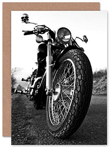 Wee Blue Coo Transport Motorrad Motorrad Vorderansicht Schwarz Weiß Geburtstagskarte Grußkarte