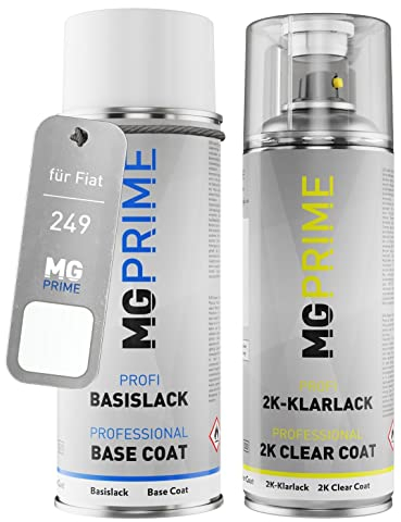 MG PRIME Autolack 2K Spraydosen Set für Fiat 249 Bianco Banchisa/Banquise Weiss Basislack 2 Komponenten Klarlack Sprühdose