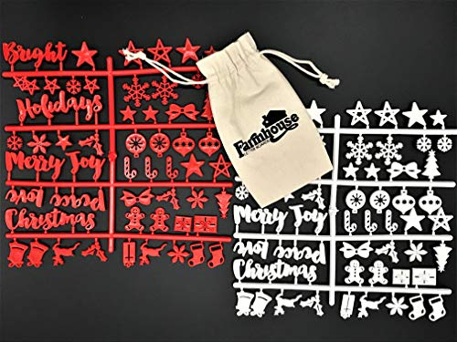 Farmhouse Letter Boards - Weihnachtsbrief-Set für wechselbare Filz-Buchstabenbretter, 1,9 cm Zeichen (inklusive Weihnachtssymbole, volle Feiertagswörter) & Jute-Aufbewahrungstasche (rot/weiß)