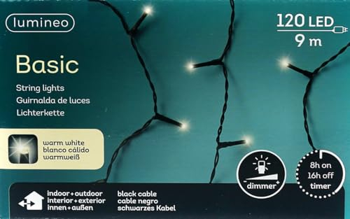Lumineo Lichterkette Basic warm weiß -120 LED's - 9 Meter - schwarzes Kabel - Indoor & Outdoor - Timer - dimmbar - IP44