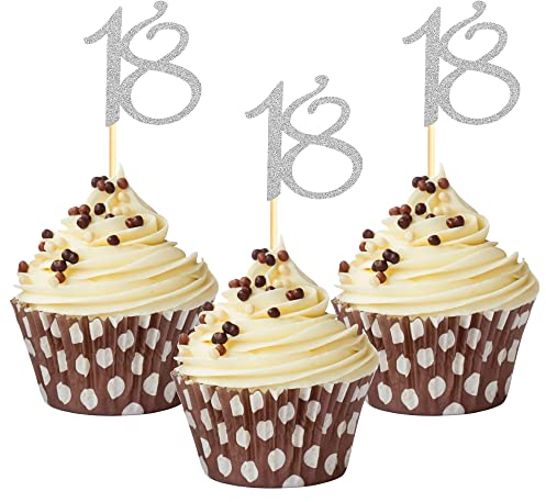 Sumerk 24PCS 18 Cupcake toppers Silver Glitter 18th Birthday Cupcake Picks Anniversary Party Decorations