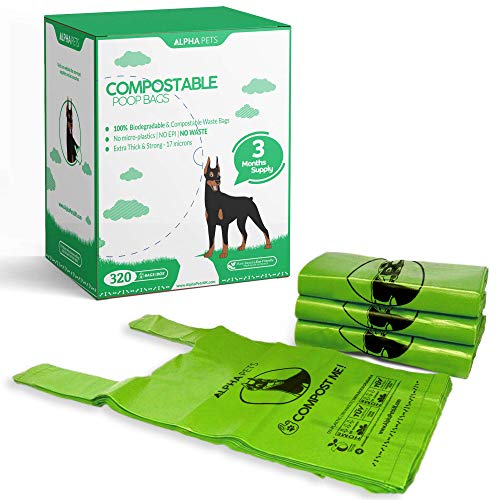 Alpha Pets Kompostierbare Hundekotbeutel mit leicht zu bindenden Griffen – 320 mittelgroße und große Hundekotbeutel aus Maisstärke – 3 Monate Vorrat mit Spenderbox