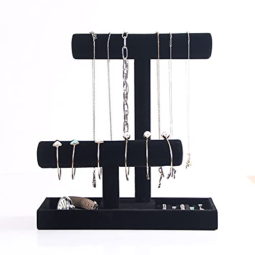 Coward 2-stöckiger Halsketten-Armband-Halter-Organizer mit Ringablage, vielseitig verwendbarer Schmuckständer für Halsketten, Armbänder, Armreifen, Uhren, Haargummis (Schwarz/ohne Deckel)