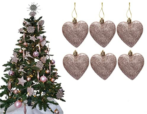 Simply Products 6 Heart Baubles - Great Christmas Tree Decorations, Glitter Heart Baubles (Rose Gold Glitter)