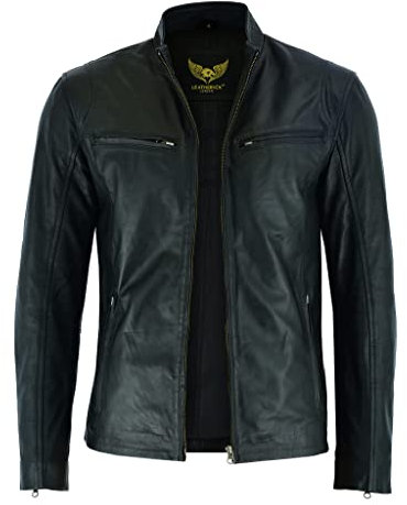 Leatherick Giacca da motociclista nera da uomo in pelle di pecora premium nappa Cafe Racer (L, Jacket Black Hooper Style)