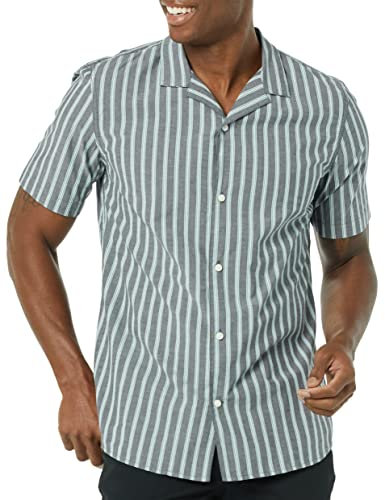 Amazon Essentials Men's Vacation Cotton Resort Shirt, Slim-Fit Short Sleeve, Navy Stripe, Large