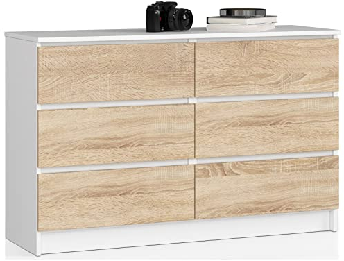 AKORD Kommode K-120 mit 6 (2 x 3) Schubladen | für das Wohnzimmer Schlafzimmer Schrank Büro Arbeitszimmer | Modernes Funktionales Design | B120 x H77 x T40 cm, Gewicht 43kg | Weiß/Sonoma-Eiche
