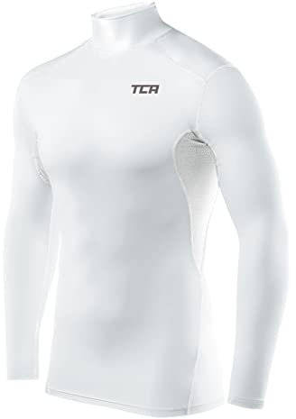 TCA Men's HyperFusion Compression Base Layer Top Long Sleeve Under Shirt - Mock Neck - White Mock, L