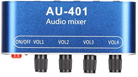 4 Channel Audio Mixer, Sound Mixer Selector, 4 in 1 out 3.5mm Mini Stereo Mixer Amplifier with Volume Adjustment for PC, Laptop, Headphone, Bar Speaker, Small Club, DC 5V-12V