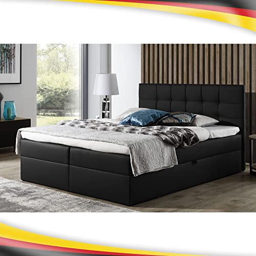 Boxspringbett Doppelbett Leo - Bett mit Bonellmatratze, mit Bettkasten für Bettwäsche und Topper. Widerstandsfähiger und angenehm zu berührender Kunstleder mit Bettkasten (Shwarz, 180x200)