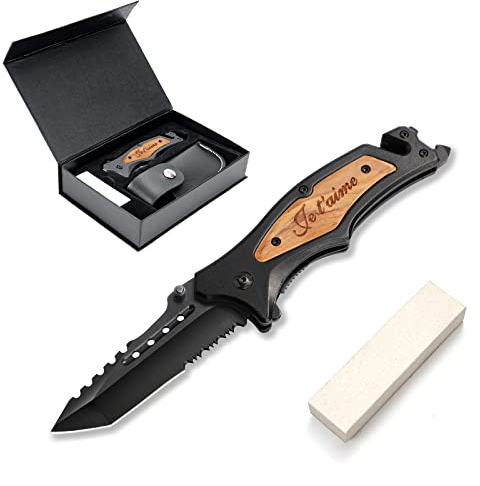 GVDV Couteau de Poche Multifonction 6 en 1 Gravé Je t'aime - Couteau Pliant de Survie pour Randonées, Camping, avec Brise-Verre, Coupe-Ceinture, Ouvre-Bouteille, pour Hommes