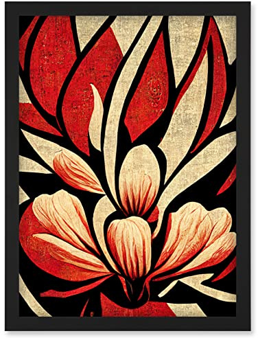 Doppelganger33 LTD Abstract Flowers Design Cream Red Black Vivid Bold Artwork Framed Wall Art Print A4