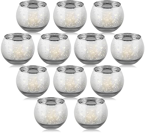 LALAGO Rund Teelichtgläser 12er Set, Gefleckt Teelichthalter Glas,Quecksilberglas Teelichthälter Votivkerzenhalter für Teelicht Deko Weihnachten Tischdeko Hochzeit(Silber)