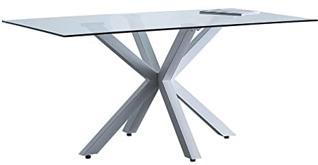 JUANIO Mesa de Comedor en Cristal con Patas Color Blanco - Longitud 160 x Altura 90 x Anchura 75 cm