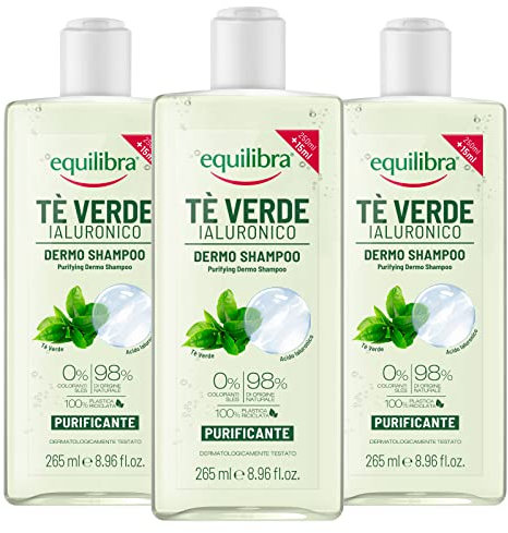 Equilibra Tè Verde Ialuronico Dermo Shampoo Purificante per Capelli Normali e Grassi Sapone con Bergamotto Azione Antiossidante - 3 Flaconi da 265ml