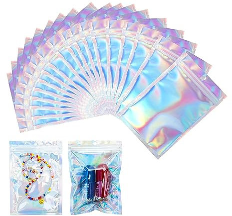 25pcs Mylar Zip Lock Bag,Holographic Rainbow Reusable Laminated PET, Aluminum Foil Rectangular Zipper Bags for Goodie, Candy, Cookies, Party, Jewelry(10.5x15cm/4x5.9inch)