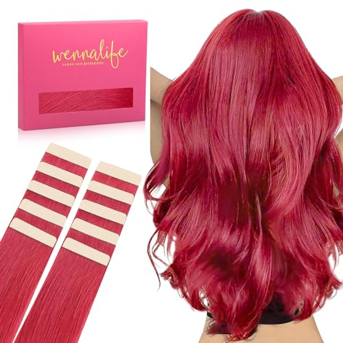WENNALIFE Tape Extensions Echthaar, 45cm 25g 10 Stück Invisible Tape in Extensions Echthaar, Echthaar Extensions Tape, Haarverlängerung Echthaar, Remy Gerade Haarextension Echthaar #Rot