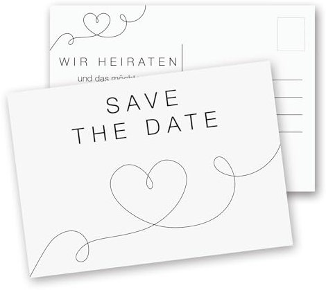 younikat 15 Postkarten Save the Date I DIN A6 I Herzlinie I Set Hochzeit Wedding Einladungs-Karten I schwarz-weiß elegant I dv1278