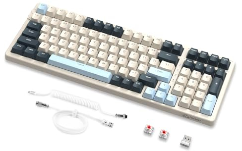 MAMBASNAKE × FREEWOLF K8 Bunte mechanische 3-Modu Tastatur, 2,4 G kabellose Bluetooth Gaming Tastatur mit Spiralkabel, 19 RGB, Hot-Swap roter Schalter für Laptop, PC, Mac – Blaubeere