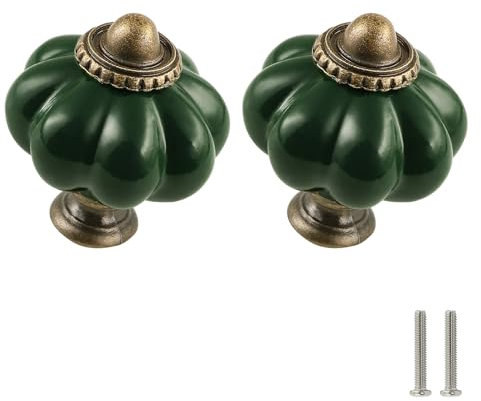 Zernmiarder 2 Pack Dark Green Ceramic Pumpkin Cabinet Knobs - Retro Drawer Pulls with Screws for DIY Home Project