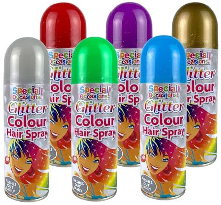 Zopper 6 x 200ml Glitter Hair Spray Multi Colour for Special Occasion Temporary Washable Fancy Dress Up Hairspray Can