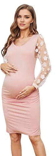 LAEMILIA Abito premaman aderente da donna a maniche lunghe con cintura per servizio fotografico formale da sera, rosa, 46