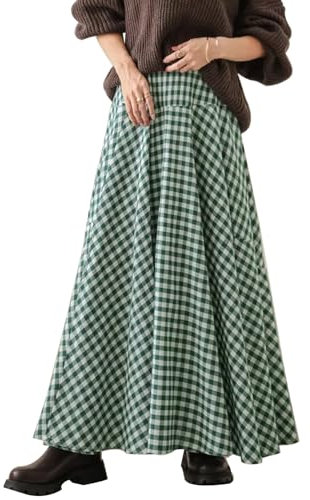 Jupe longue vintage à carreaux pour femme - Coupe trapèze - Été et printemps - Taille haute élastique - Jupe midi plissée fluide, vert, Taille S
