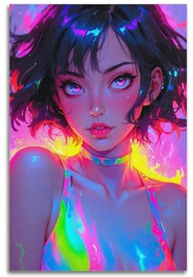 IKHFVYH Niedliches Neon-Comic-Mädchen-Poster, dekoratives Gemälde, Leinwand, Wandposter und Kunstdruck, moderne Familienschlafzimmer-Dekoration, Poster, 30 x 45 cm