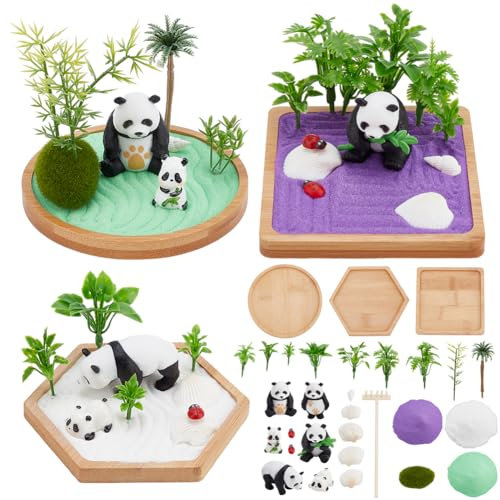 WEBEEDY 3 Sets Panda Mini Zen Garden Sandbox Miniature Zen Sand Garden Gift Set Sand Tray Play Kit Beautiful Japanese Meditation Relaxation Decor Therapy Gifts for Man Women Home Office Decor