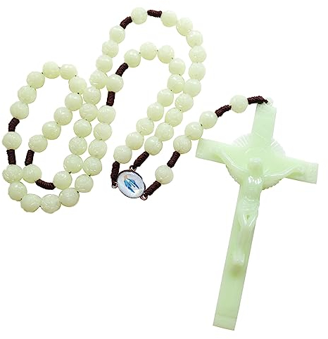 Maxtonser Leuchtender Rosenkranz, grüne Perlen, Halskette, katholischer Rosenkranz, Perlen mit Naturstein, Kruzifix, religiöser Schmuck für Damen und Herren