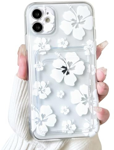 NITITOP Compatible with iPhone 12 Case Clear with Card Holder Cute White Floral Pattern for Women Girl Flower Design Soft TPU Shock-absorbing Wallet Case Protective Phone Cover - White