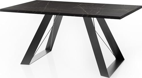 WFL GROUP Esstisch Colter Schwarz im Modern Still, Rechteckig Tisch - Ausziehbar von 140 cm bis 240 cm, Pulverbeschichtete weißen Metallbeine - 140 x 80 cm - Schwarzes Marmor