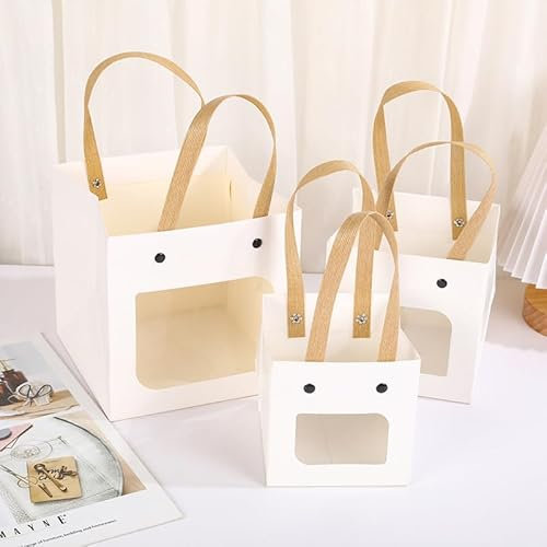 Nvzi Geschenke, Blumen, Geschenkbox-Verpackungsbeutel, transparente Fenster-Geschenktüten, Kraftpapiertüten, quadratische Tragetaschen (weißes Fenster, mittel)