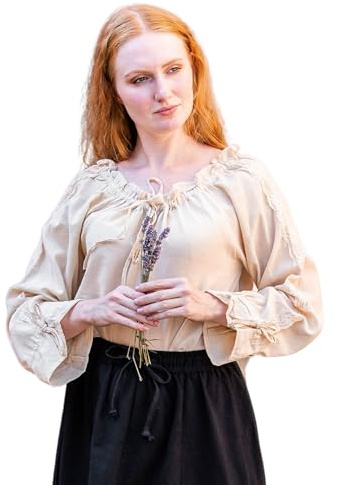 Leonardo Carbone® Damen Bluse Mittelalterbluse Bettina | Rüschen-Décolleté | Spitzenakzente | Karneval, Halloween, Cosplay, LARP, Tunika, Hemd, Kostüm | 100% Baumwolle Hanf XS