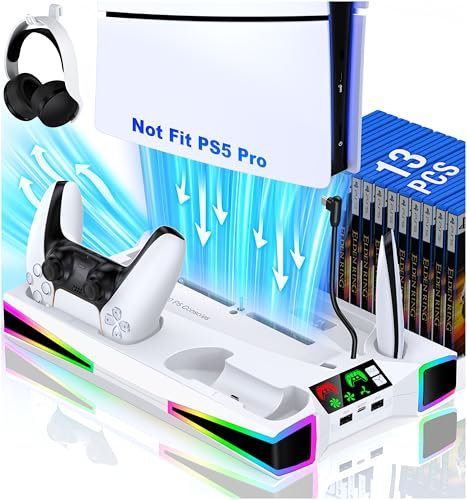 Standfuß für PS5 Pro/PS5/PS5 Slim,5200RPM Kühler Lüfter Starker Wind und Schnelle Wärmeableitung,RGB Ständer für Playstation 5 Pro mit Ladestation/Headset Halter/15 Spiele Aufbewahrung für PS5 Zubehör
