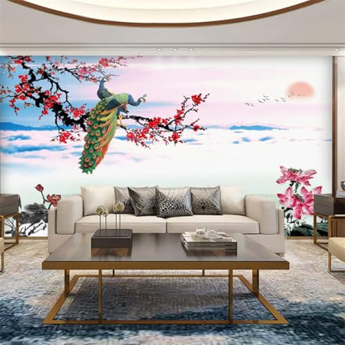 XLMING Red Plums Peacocks Lotus Sunrise Birds 3D Wallpaper Home Study Office Dining Room Sofa Bedroom Living Room TV Backdrop-150cm×105cm