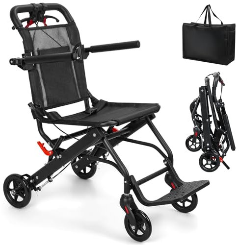 tinysiry Chaise de voyage pliante transport améliorée, chaise compacte avec accoudoir et ceinture sécurisée, fauteuil roulant pliant léger pour les chaises roue personnes âgées 286 Noir