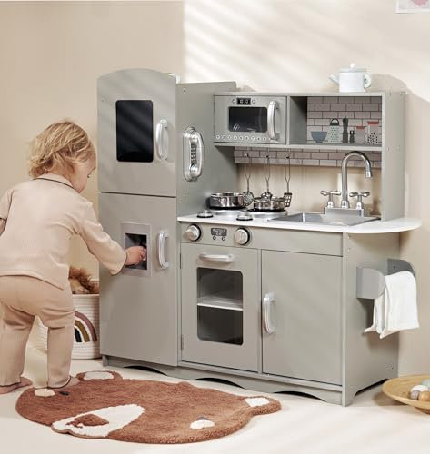 Kids Wooden Play Kitchen Boys Girls Pretend Toys with Play Utensils, Microwave, Oven, Sink & Black Board - New Grey (with Utensil Playset)