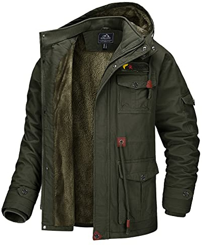 MAGCOMSEN Herren Winterjacke Freizeit Jacken Baumwolle Militär Jacken für Männer Cargo Bomber Fleecejacke Jagd Angeln Jacke mit Abnehmbare Kapuze Armeegrün L