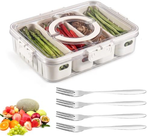 Snackbox mit 4 Fächern, Snackschale mit Deckel und 4 Edelstahlgabel | Snack Box mit Fächern für Snacks Süßigkeiten Nüsse Obst Gewürze Party Picknick Trips (24×31×7cm)