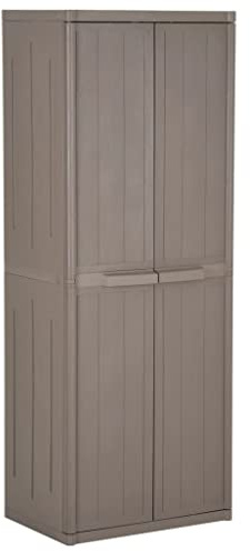 Qnhdfrt Armoire de jardin marron 65 x 45 x 172 cm en polypropylène aspect bois avec 4 compartiments pour rangement et organisation en plein air, armoire de rangement robuste pour jardin, terrasse